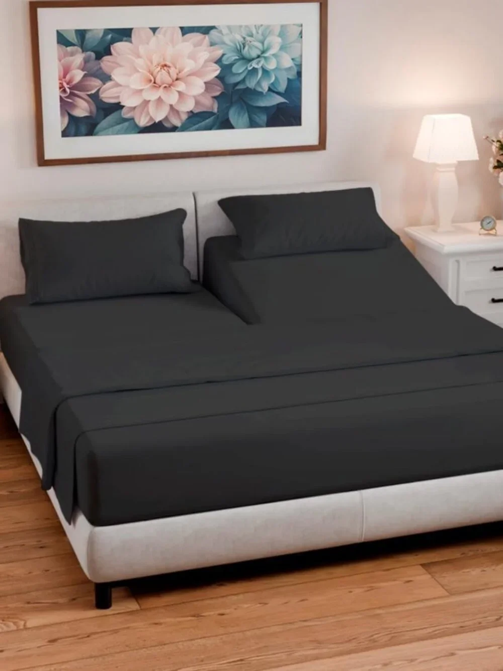 Ultra-Soft Black Split Head King 4-Piece Sheet Set - Breathable & Cozy Bedding